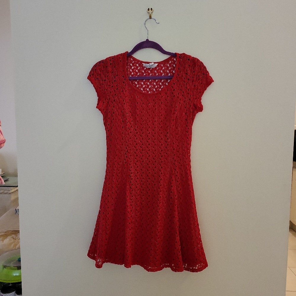 Mini Red Eyelet dress with matching removable spaghetti strap slip.